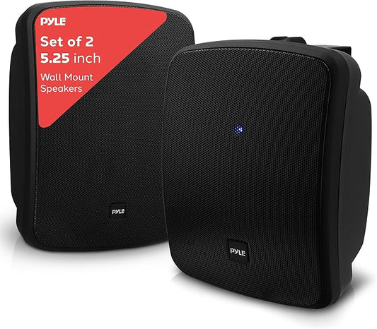 Pyle 5.25 Inch 2 Way Outdoor Waterproof Mountable Wireless Bluetooth Dual Speakers with Heavy Duty Grill Cabinet Enclosure, Black (2 Pack)