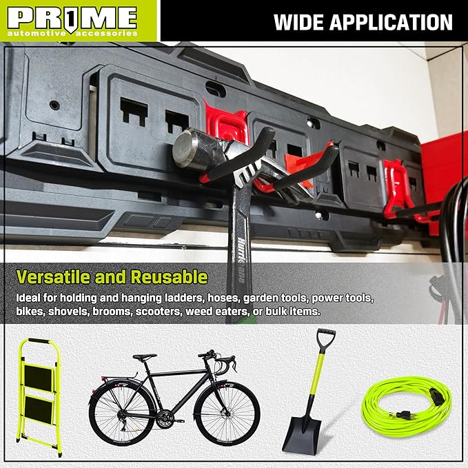 PR1ME 11 pcs Garage Storage Wall Mount Organizer Kit, Garage Storage Wall Rails with Utility Garage Wall Mount Hooks, 2X 31 inch Wall Rails, 4 Steel Garage Hooks, 5 Plastic General Purpose Hooks
