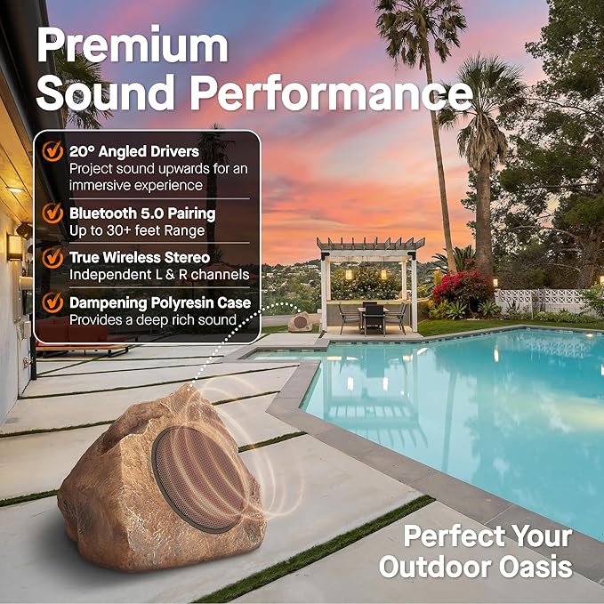 Homewell Outdoor Rock Speaker Solar-Powered Wireless Bluetooth 5.0 Portable Speaker Weatherproof for Patio, Pool, Deck, Yard, Garden and Home (Brown, 2-Pack)