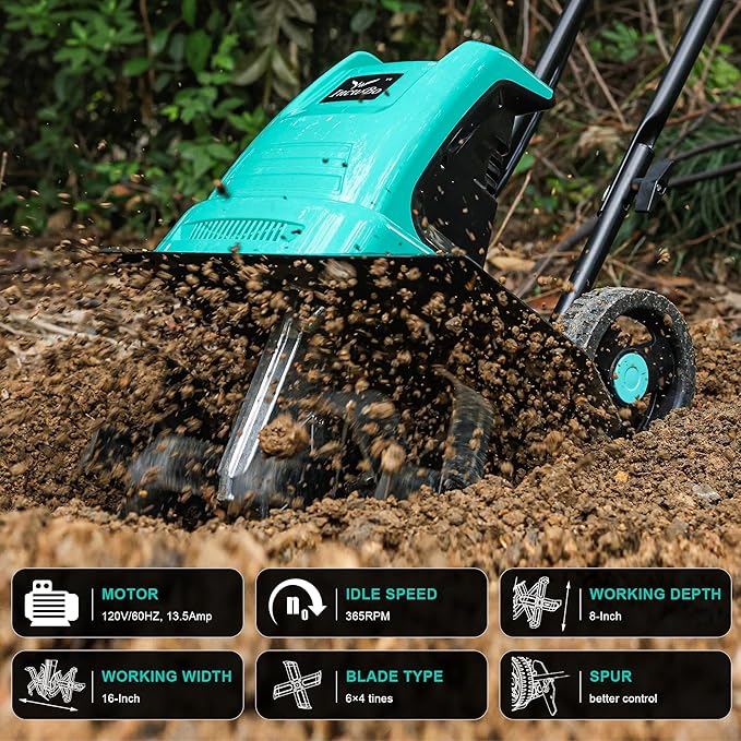 Tiller 13.5AMP Rototiller for Garden Corded Electric Tiller Garden Electric Cultivator 8Inch Depth 16Inch Width Tiller for Garden Yard