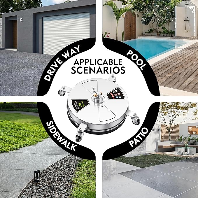 16" Pressure Washer Surface Cleaner Pro with 4 Wheels, Stainless Steel Surface Cleaner for Pressure Washer, 2 Extension Wands, Power Washer Surface Cleaner for Concrete Driveway, 3000 PSI