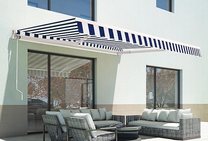 MCombo 11.5x9.5 Feet Manual Retractable Patio Door Window Awning Sunshade Shelter Outdoor Canopy,1210 (Ocean Blue with White Stripes, 11.5'(L) x 9.5'(W))