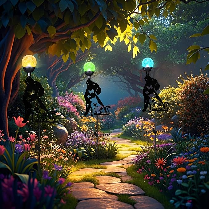 Solar Dog Light Outdoor Decorative,Metal Black Dog&Cat Silhouette Solar Garden Stake,Multi-Colored Changing Glass Ball with LED Light,Welcome Yard Sign Lawn Ornament Decor Gifts for Women