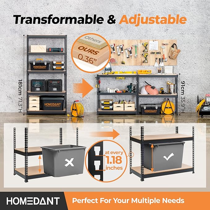 HOMEDANT 5 Tier Storage Shelves Adjustable Laminated Boltless Garage Metal Shelving Unit Heavy Duty Utility Rack Shelf Warehouse Pantry Closet Kitchen 35.9" W x 16.2" D x 71.3" H 2Pack