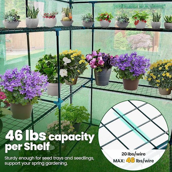 KING BIRD Premium Greenhouse for Outdoors, 56 x 56 x 77 Upgraded PE Cover & Steel Frame Walk in Hot House, w/ Zippered Screen Windows Mesh Door, 3 Tiers 14 Shelves for Outside Garden, Green