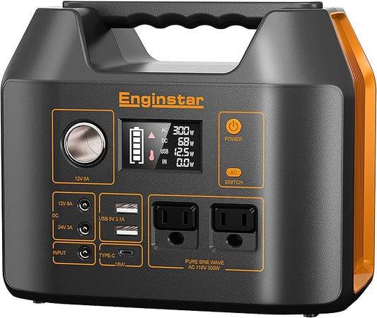 Portable Power Station EnginStar 300W Solar Generator 110V 296Wh Power Bank Two Pure Sine Wave AC Outlet 80000mAh Lithium Battery Pack for Camping Outdoors Trip RV Hunting Vans Emergency Backup