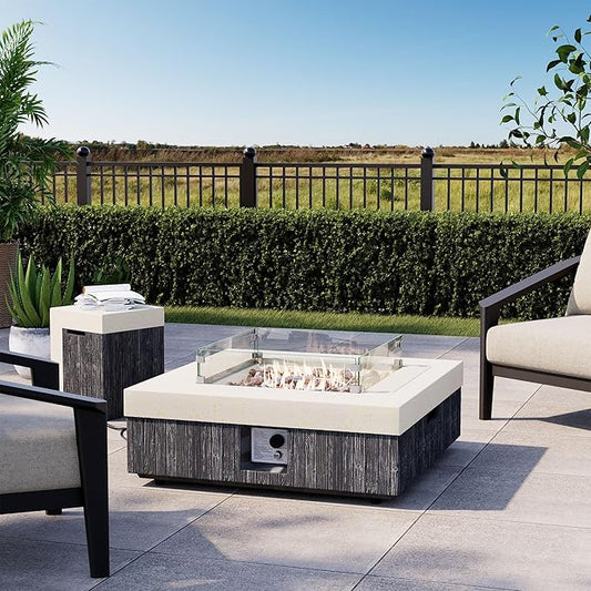 COSIEST 35" Outdoor Propane Fire Pit Table w Tank Cover & Wind Guard, Square Gas Fire Pit Table with Concrete & Wood Grain Design, 50000BTU CSA Certified Fire Tables for Patio, Backyard, Garden