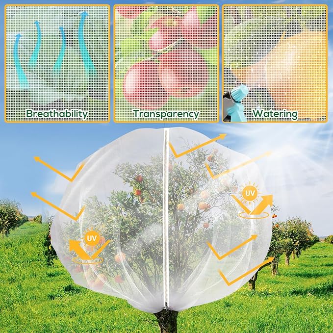 2PCS 7.8 x 7.8ft Large Fruits Tree Netting Cover with Zipper and Drawstring,Garden Insect Netting Plant Cover Transparent Bird Plant Barrier Flower Fruits Mesh Screen for Preventing Deer Squirrel Bug