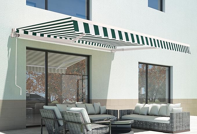 MCombo 11.5x9.5 Feet Manual Retractable Patio Door Window Awning Sunshade Shelter Outdoor Canopy, 1210 (Green with White Stripes, 11.5'(L) x 9.5'(W))