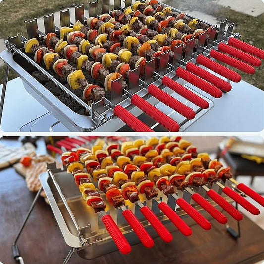 𝗖𝗵𝗮𝗿𝗰𝗼𝗮𝗹 𝗞𝗮𝗯𝗼𝗯 𝗚𝗿𝗶𝗹𝗹 by 𝗡𝗼𝗿𝘁𝗵 𝗚𝗿𝗶𝗹𝗹𝘀: precise heat control, silicone-handle square & flat skewers, charcoal starter tool, tongs, BBQ gloves, and storage & travel bags.