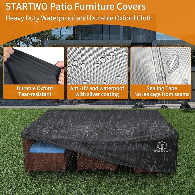 STARTWO Patio Furniture Covers Waterproof, Anti-UV 7-12 Seats Outdoor Furniture Set Cover for Sectional Sofa, Table Chairs, 126"x63"x28", Black