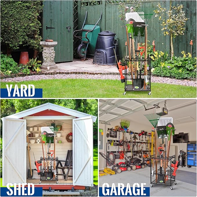 Mythinglogic Garden Tool Organizer for Garage, Yard Tool Rack with Wheels, Garage Organizers and Storage Holder for Yard Tools (Small Tower)