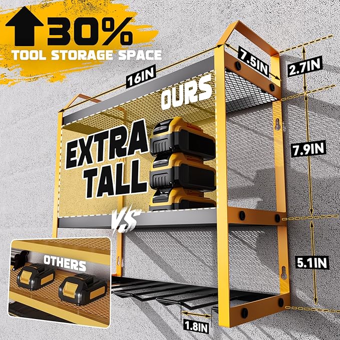 Power Tool Organizer Wall Mount with Broom Holder Combo, Yellow & Black 3-Tier Garage Storage Rack with Battery Storage, 4 Drill Holder Slots, Heavy Duty Steel 150LB Capacity