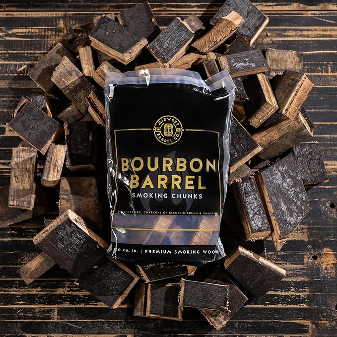 Midwest Barrel Co. Bag of Bourbon Barrel BBQ Smoking Wood Chunks - Authentic American White Oak Wood Chunks from Bourbon Barrels, Slow Burning, 1-4”, for BBQ, Lamb, Pork, Poultry, Veggies, Cheese
