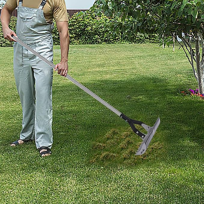 Thatch Rake - 15-Inch Wide Adjustable Handle Thatching Rakes, Adjustable Rake Head Weed Tool, Weed rake for Removing Dead Grass, Combing Lawn & Aerating Garden Soil