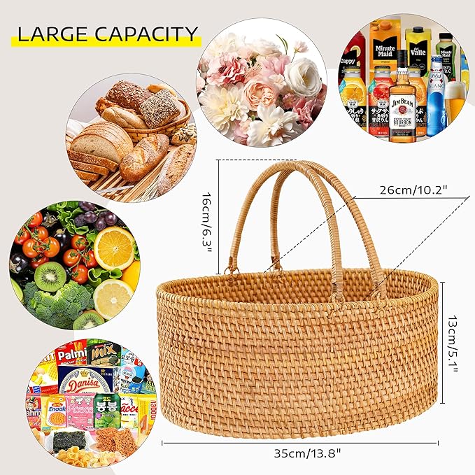 Rattan Picnic Basket with Handles, Oval Wicker Gift Basket for Wedding, Camping(13.8"×10.2"×5.1")
