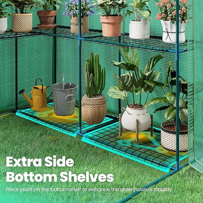 KING BIRD Premium Greenhouse for Outdoors, 56 x 56 x 77 Upgraded PE Cover & Steel Frame Walk in Hot House, w/ Zippered Screen Windows Mesh Door, 3 Tiers 14 Shelves for Outside Garden, Green