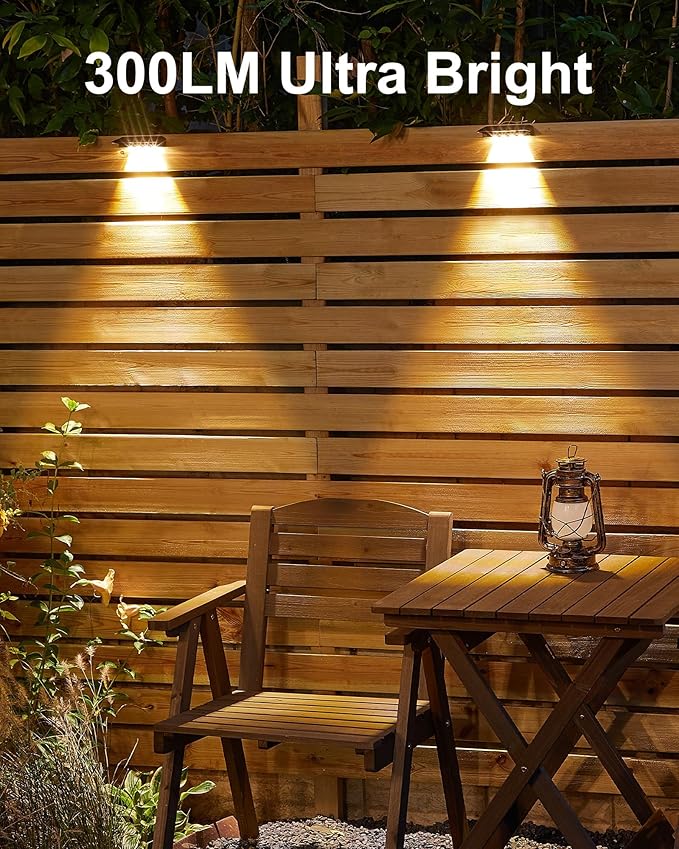 Solar Fence Lights Outdoor Waterproof LED,4LEDs Focus Lens Solar Wall Lights,Auto ON Off Warm White Outdoor Lights for Patio,Deck,Fence, Step,and Railing,Backyard Decor(4Pack)