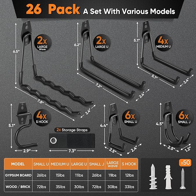 Nacial 26 Pack Garage Hooks Heavy Duty, Utility Steel Garage Storage Hooks with 2 Extension Cord Storage Straps, Utility Garage Wall Mount Hooks for Hanging Bike, Ladder and Garden Tools, Black
