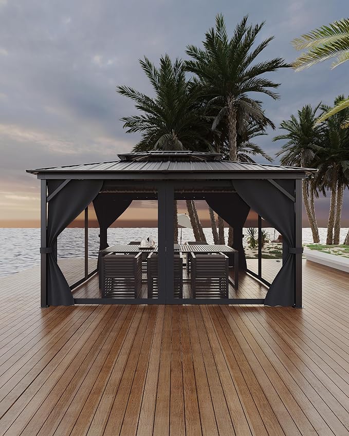 10x14 Ft Hardtop Gazebos with Heavy Duty Double Roof, Nettings and Curtains Galvanized Steel Outdoor Gazebos for Patio, Backyard, Deck, Lawn (Grey)