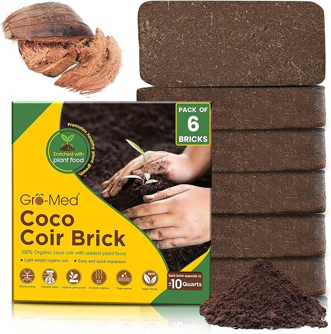 Gro-Med Coco Coir Brick 6s Pack – 1.4 lb Each, Expands to 60 Quarts, NPK Enriched Organic Coco Coir for Plants, OMRI-Listed Cocopeat Bricks for Garden Soil, Potting Mix & Indoor Outdoor Gardening