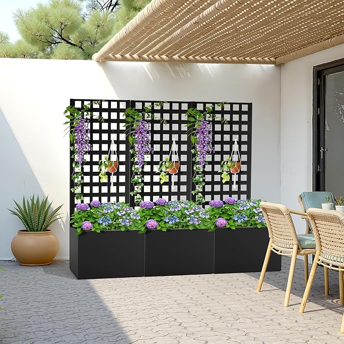 Metal Planter Box with Trellis, Heavy-Duty Raised Garden Bed for Climbing Plants, Drainage Hole, Outdoor Planter Box with Privacy Screen，24''L×12''W×63''H