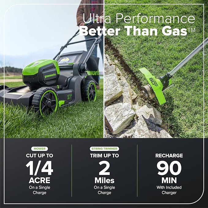 Greenworks 60V 17" Brushless (Push) Mower + 60V 13" String Trimmer, 4.0Ah Battery and 3A Charger