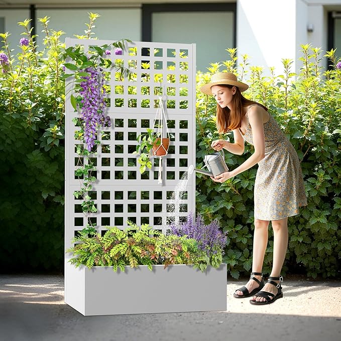 Metal Planter Box with Trellis, Heavy-Duty Raised Garden Bed for Climbing Plants, Drainage Hole, Outdoor Planter Box with Privacy Screen，35''L×16''W×71''H