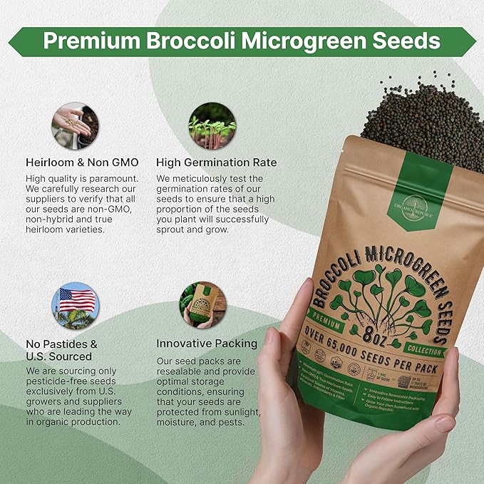 Organo Republic Broccoli Sprouting & Microgreens Seeds - 65,000 Non-GMO Heirloom Seeds, Sprouts in Bulk 8oz Resealable Bag for Planting & Growing in Soil, Coconut Coir, Aeroponic & Hydroponic System