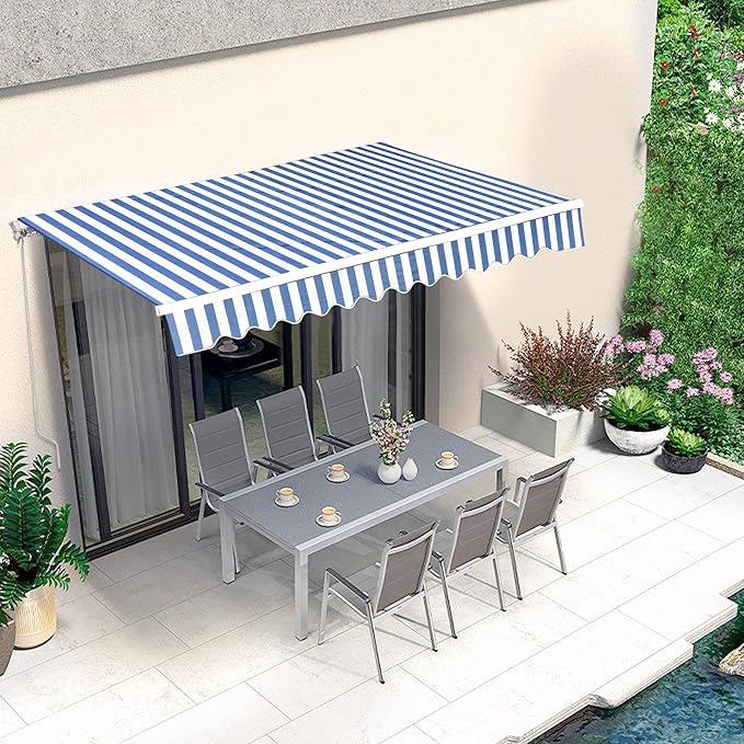 MCombo 11.5x9.5 Feet Manual Retractable Patio Door Window Awning Sunshade Shelter Outdoor Canopy,1210 (Ocean Blue with White Stripes, 11.5'(L) x 9.5'(W))