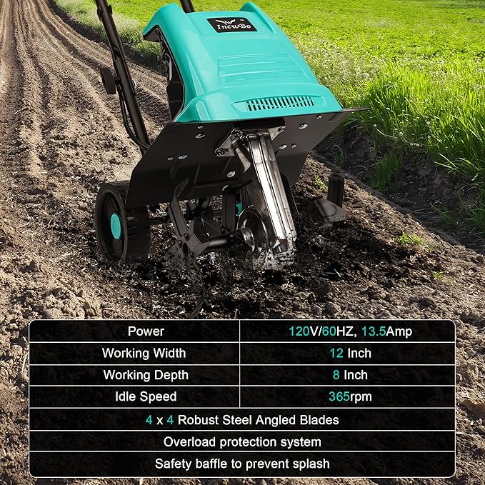 13.5 Amp 12 Inch Electric Tiller/Cultivator with 4 Steel Tines, 8'' Tilling Depth Small Garden Tiller for Gardening, Corded Rototiller with Adjustable Wheels