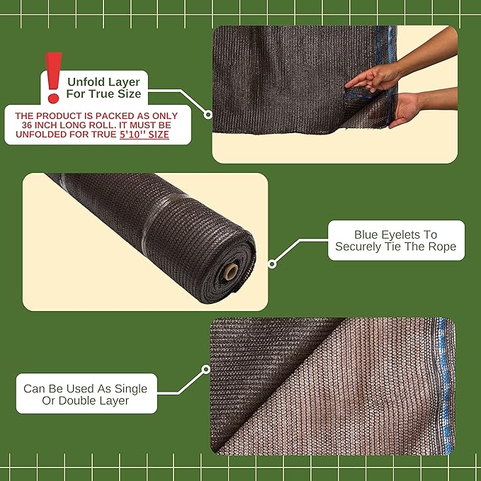 WindscreenSupplyCo] 60% 5'10'' x 100 FT Eyelets Shade Cloth Roll Sunblock Shade UV Resistant Net for Garden Greenhouse Flower Plant Patio Kennel, Brown - PS6160BRN