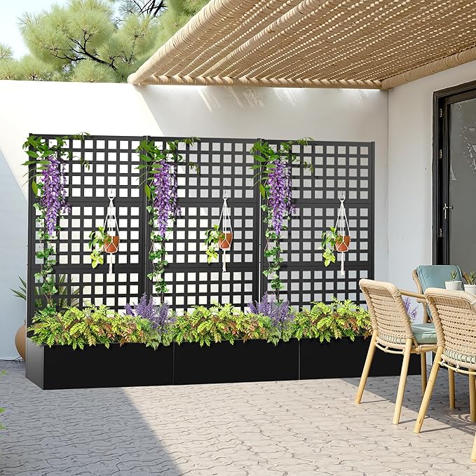 Metal Planter Box with Trellis, Heavy-Duty Raised Garden Bed for Climbing Plants, Drainage Hole, Outdoor Planter Box with Privacy Screen，35''L×16''W×71''H