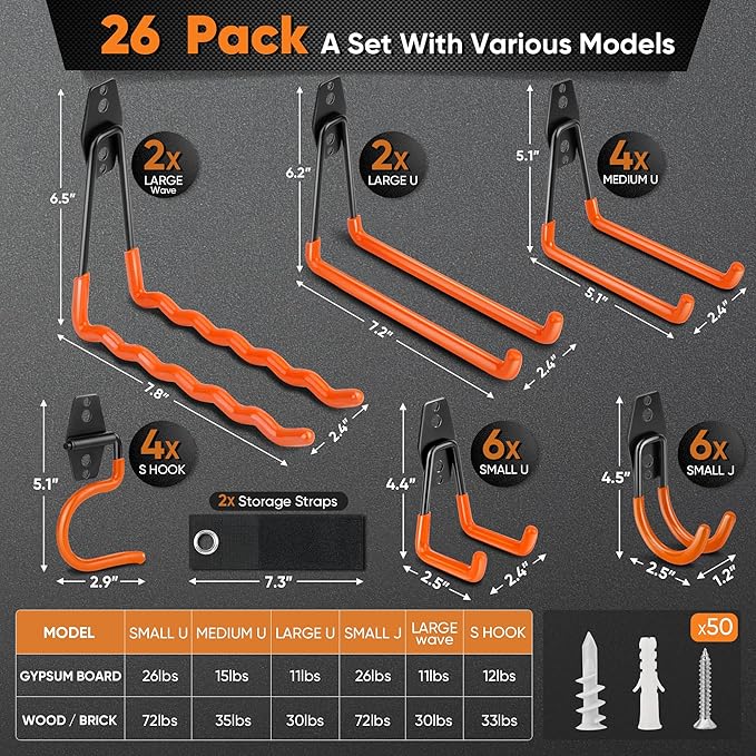Nacial 26 Pack Garage Hooks Heavy Duty, Utility Steel Garage Storage Hooks with 2 Extension Cord Storage Straps, Utility Garage Wall Mount Hooks for Hanging Bike, Ladder and Garden Tools, Orange