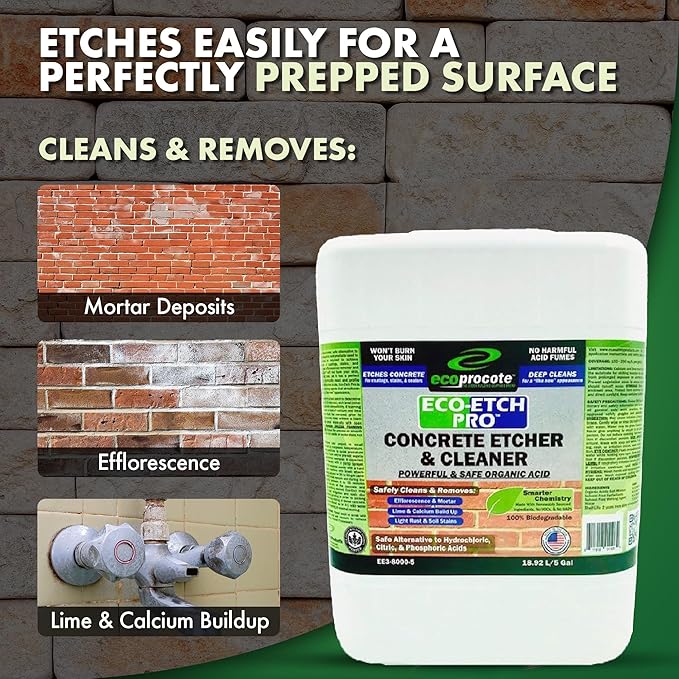 Eco Etch Pro Concrete Cleaner & Etcher Dissolver - Efflorescence, Rust & Dirt Remover from Brick, Driveway, Garage - Gentle Substitute for Citric Acid - Non-Toxic & Safe - 5 Gallon