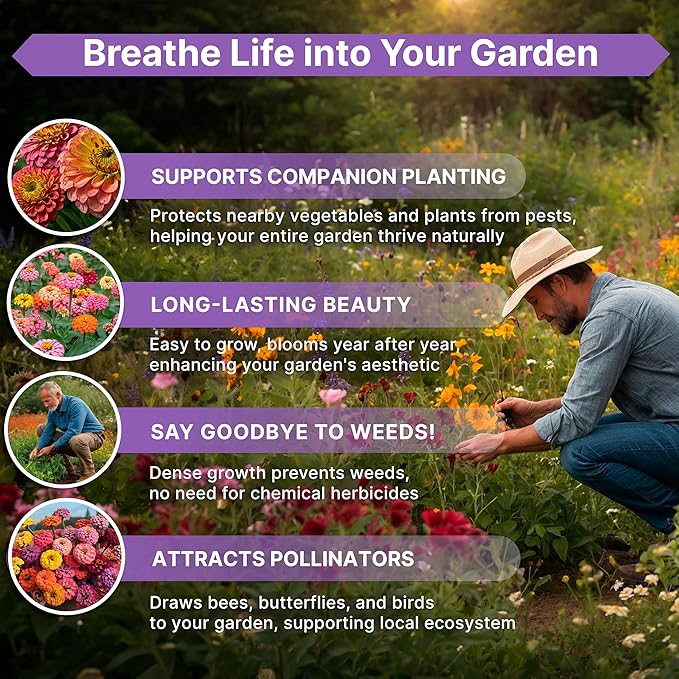 Zinnia Seeds Pack 1 oz - Over 3,800 Non-GMO Heirloom Zinnia Seeds for Planting, Annual Flowers in Individual Seed Packet, Flower Seed for Planting Home Garden Indoor & Outdoor Gardening