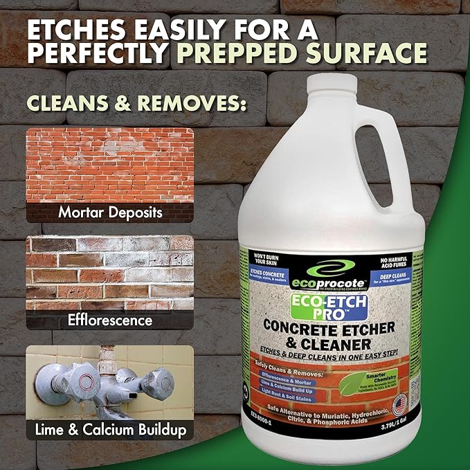 Eco Etch Pro Concrete Cleaner & Etcher Dissolver - Efflorescence, Rust & Dirt Remover from Brick, Driveway, Garage - Gentle Substitute for Citric & Muriatic Acid - Non-Toxic & Safe - 1 Gallon