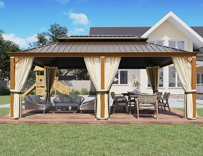 YOLENY 12'x20' Hardtop Gazebo, Wood Grain Aluminum Frame Pergola with Galvanized Steel Roof, Outdoor Metal Gazebos with Curtains and Nettings for Patio, Backyard, Deck and Lawns