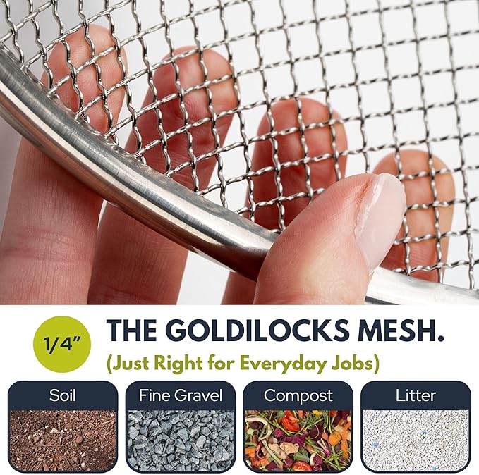 Round Soil Sifter for 5-Gallon Bucket (1/4-inch Mesh), Stainless Steel Garden Sieve with Handles