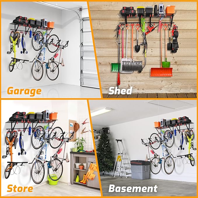 PLKOW Garage Wall Shelving 4-Pack Includes Bike Hooks, Sturdy Adjustable Garage Shelving Wall Mount Wall Organizer (Black, 4-Pack)