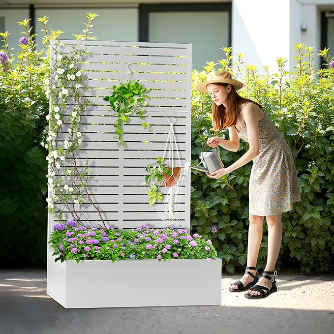 Metal Planter Box with Trellis, Heavy-Duty Raised Garden Bed for Climbing Plants, Drainage Hole, Outdoor Planter Box with Privacy Screen，47''L×16''W×71''H