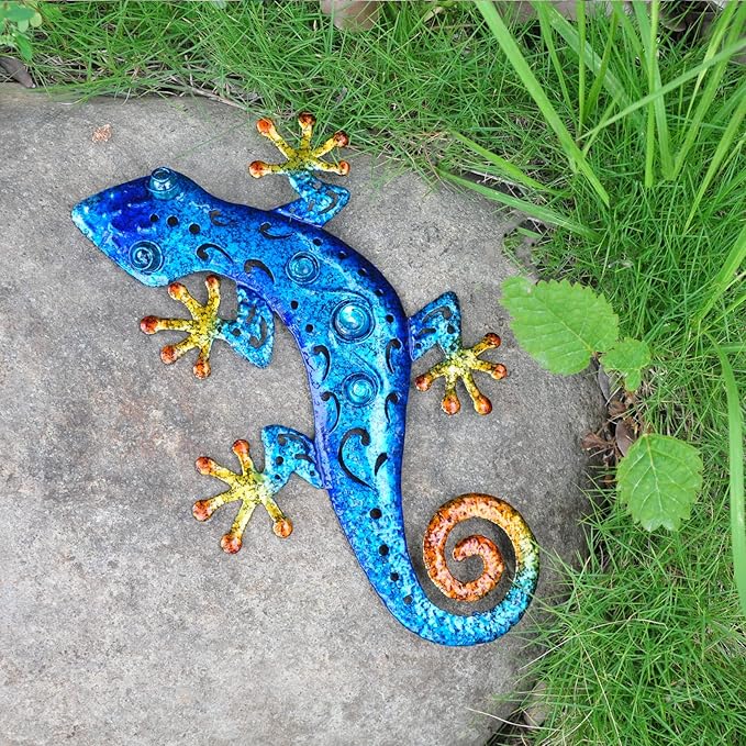 Metal Outdoor Blue Gecko Wall Decor Lizard Wall Art Suitable for Fence Yard Garden Decoration 13.5 * 8.5Inch