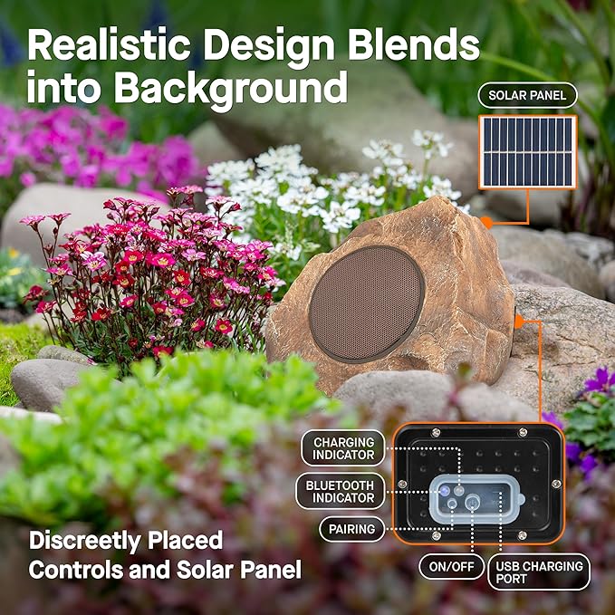 Homewell Outdoor Rock Speaker Solar-Powered Wireless Bluetooth 5.0 Portable Speaker Weatherproof for Patio, Pool, Deck, Yard, Garden and Home (Brown, 2-Pack)