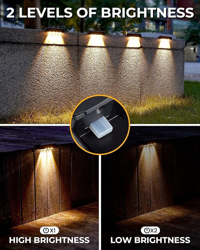 Solar Fence Lights Outdoor Waterproof LED,4LEDs Focus Lens Solar Wall Lights,Auto ON Off Warm White Outdoor Lights for Patio,Deck,Fence, Step,and Railing,Backyard Decor (8Pack)