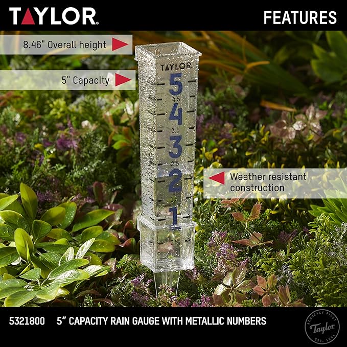 Taylor Metallic Numbers Rain Gauge, Measure and Monitor Precipitation, Easy to Read for Backyard, Patio, Garden, and Lawn, 5-inch, Clear