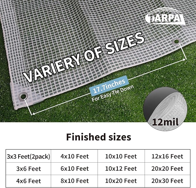 TARPAL 8'x10' Clear White Tarp Heavy Duty Waterproof 12mil with Grommets or Zip Ties for Small Greenhouse for Outdoors Garden,Farm,Chicken Coops