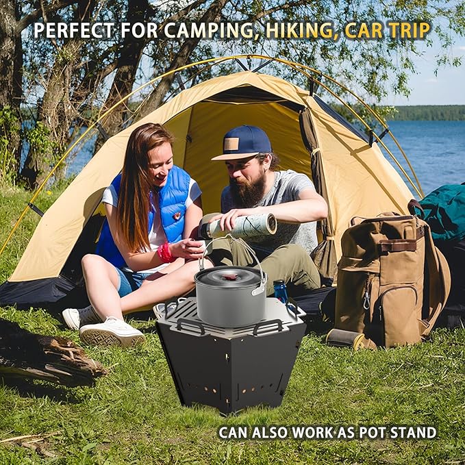 Onlyfire 2 in 1 BBQ Charcoal Grill & Fire Pit, Foldable Camp Grill with Stainless Steel Cooking Grate, Portable Outdoor Firepit for Camping Backyard Patio RV Car Trip Tailgating, Pentagon, GS357