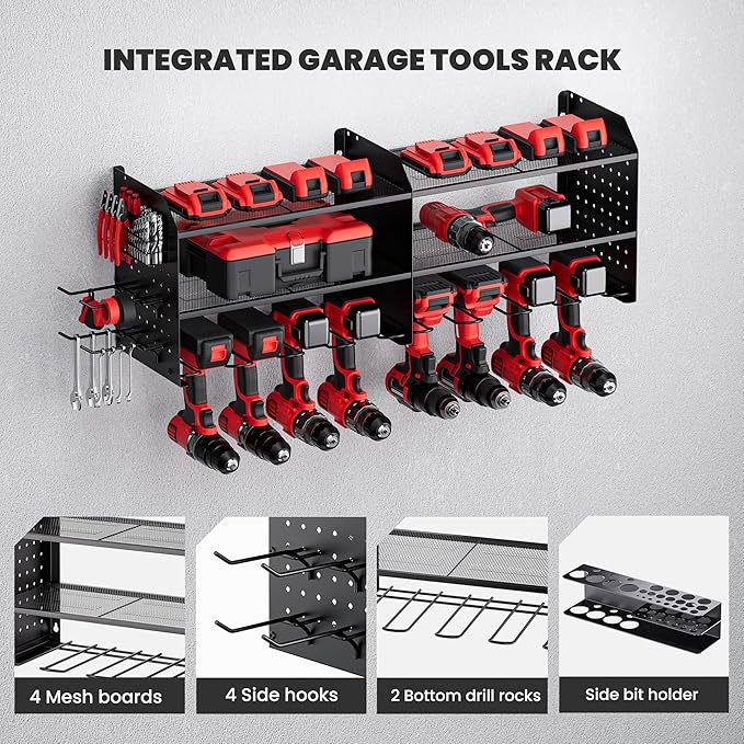 TRZZ 2-in-1 Power Tool Organizer Wall Mount, 3-Layer Drill Holder with 2 Side Pegboards, 8 Drill Holders, 4 Hooks, and 1 Drill Bit Rack, Tool Storage for Garage, Workshop, and Tool Room (Black)
