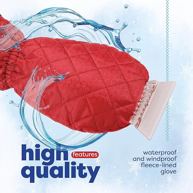 SCRUBIT Ice Scraper with Glove - Car Windshield Scraper for Ice and Snow w/Fleece Mitt - Quickly Scrape and Remove Snow While Staying Warm - Waterproof & Windproof - Car Scraper Snow Brush (Red)