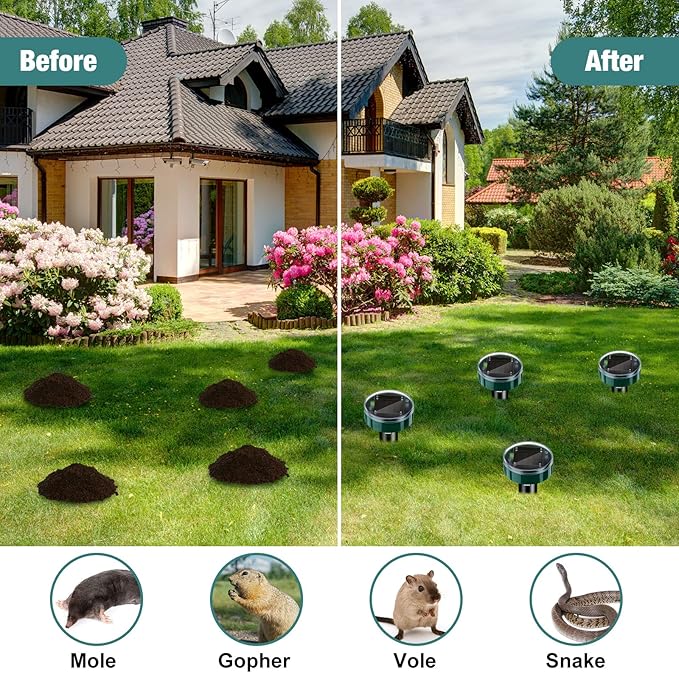 28 Pieces Solar Mole Repellent Ultrasonic Outdoor Gopher Deterrent Spikes for Garden Yard Lawn Waterproof Solar Powered Repeller for Groundhogs, Voles, Snakes and Other Burrowing Animals (Round)